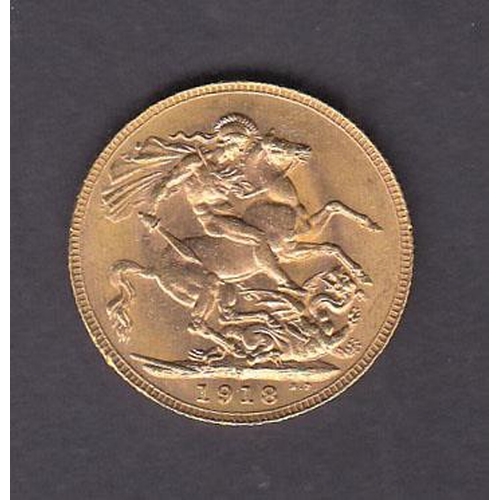 106 - UK 1918 gold full Sovereign, Perth mint mark, in good condition