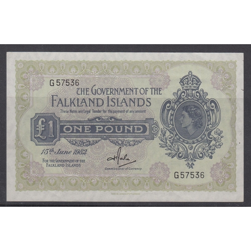 68 - A group of thee Falkland QEII banknotes in fair to good condition, includes 1984 £1, 1982 £1 & 1975 ... 