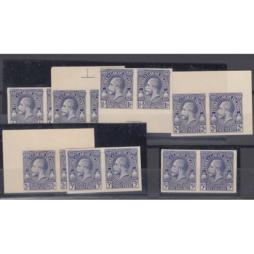 1137 - 1928 ½d-3d & 5s, seven imperf plate proof horiz pairs in ultramarine on card, as per SG176/81 & 185,... 