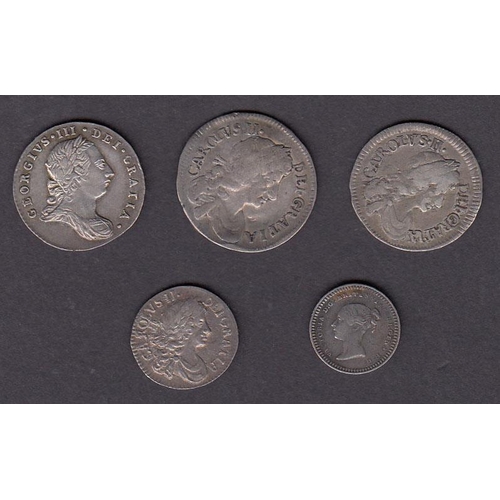 58 - A group of five silver UK coins, including Charles II 1679 4d/3d/2d condition poor to fair, KGIII 3d... 