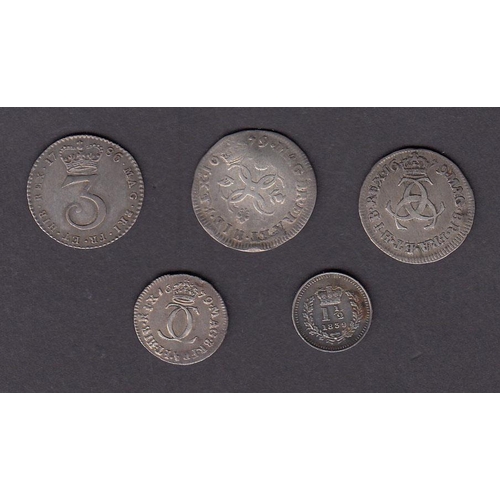 58 - A group of five silver UK coins, including Charles II 1679 4d/3d/2d condition poor to fair, KGIII 3d... 