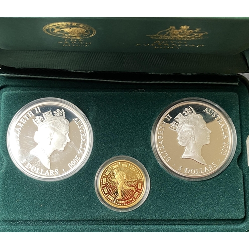 106 - Australia 2000 3-coin proof set, including x2 silver $5 and $100 gold coin, boxed with CoA