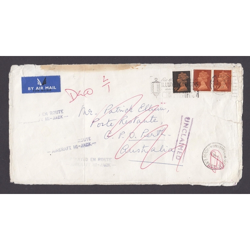 309 - 1974 Air Mail cover Cheltenham to Perth Australia with 2-line ‘DELAYED EN ROUTE/ -AIRCRAFT HI-JACK-‘... 