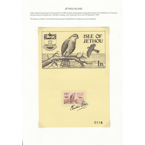 386 - Isle of Jethou 1961 Birds set/5, each on presentation card, artist-signed across each stamp