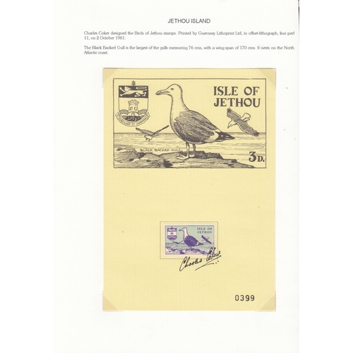 386 - Isle of Jethou 1961 Birds set/5, each on presentation card, artist-signed across each stamp