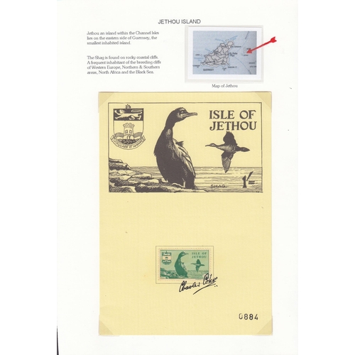 386 - Isle of Jethou 1961 Birds set/5, each on presentation card, artist-signed across each stamp