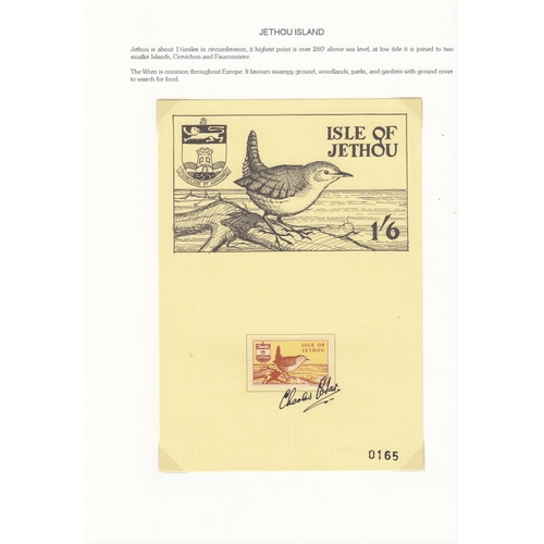 386 - Isle of Jethou 1961 Birds set/5, each on presentation card, artist-signed across each stamp