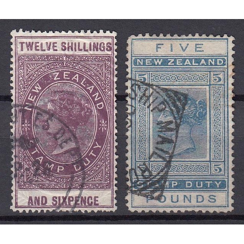 815 - QV Stamp Duty/Postal Fiscal Stamps x2, 12/-6d & £5 both used, in good condition