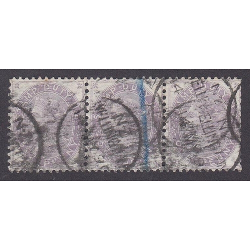 816 - 1882 1d lilac Stamp Duty, horizontal strip of three, 2nd stamp blue vertical line, postally used wit... 