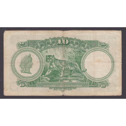 121 - Straight Settlements $10 KGV banknote, in good condition, noted creased and small tear to bottom, sc... 