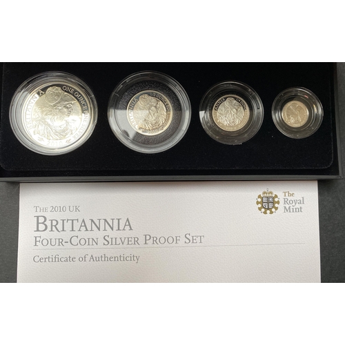 79 - A collection of 5 UK silver proof Britannia four coin sets, for 2007/2008/2009/2010/2011, each boxed... 