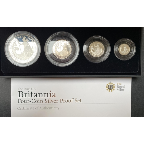 79 - A collection of 5 UK silver proof Britannia four coin sets, for 2007/2008/2009/2010/2011, each boxed... 