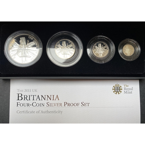 79 - A collection of 5 UK silver proof Britannia four coin sets, for 2007/2008/2009/2010/2011, each boxed... 