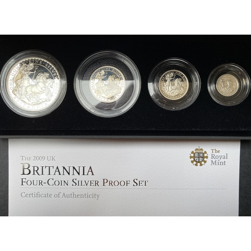 79 - A collection of 5 UK silver proof Britannia four coin sets, for 2007/2008/2009/2010/2011, each boxed... 