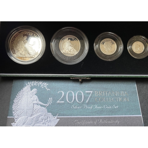 79 - A collection of 5 UK silver proof Britannia four coin sets, for 2007/2008/2009/2010/2011, each boxed... 