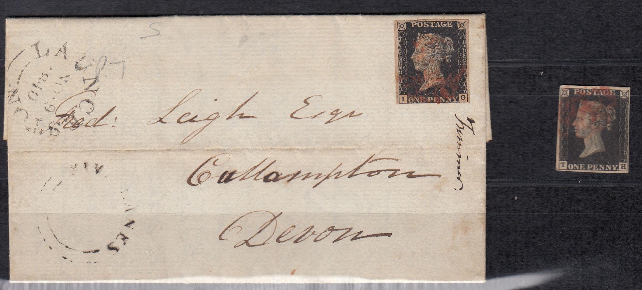 1840 1d black x2, both 3 margin examples, including one on cover
