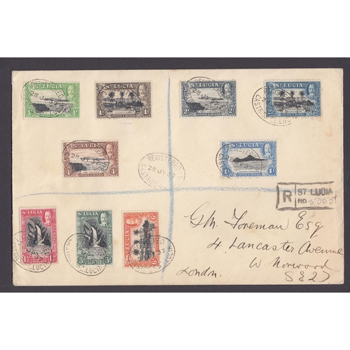 875 - 1937 Registered cover to London, affixed by SG113 to SG121, tied by Registered Castries 28.JY.37 can... 
