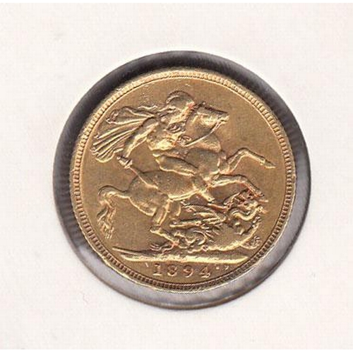 92 - UK 1894 gold full Sovereign, Melbourne mint mark, in good condition