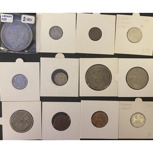 10 - A collection of UK KGV coins from One Third Farthing to Crown, including Farthings x25, 6d x11, Flor... 