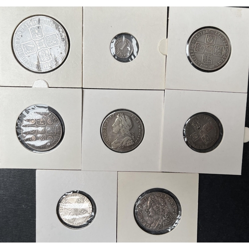 100 - A group of 8 UK King George II coins, from 1d to Half-Crown, including 1757 & 1758 6d’s, 1743/1745/1... 