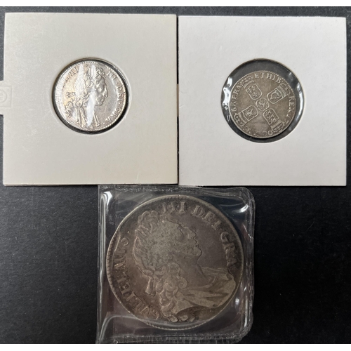 103 - A group of three King William III coins, including 1697 & 1700 6d’s and 1696 Crown (Worn), condition... 