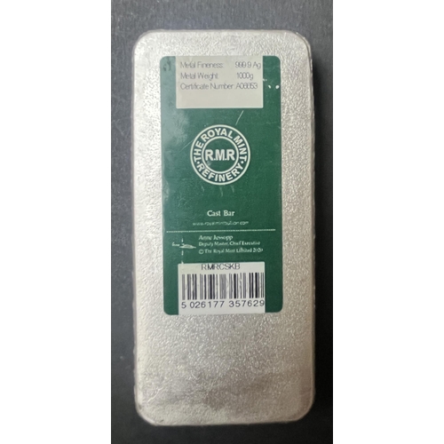 178 - UK Royal Mint Refinery 1 Kilo Silver (999.9 fine) Bullion Cast Bar