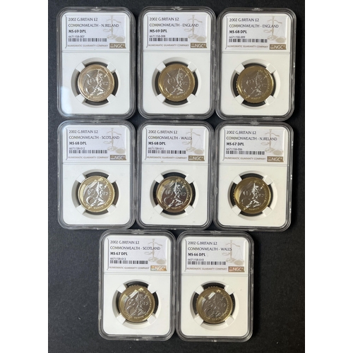 133 - A collection of 8 UK QEII 2002 Commonwealth Games £2 coins, each slabbed by NGC and all graded Deep ... 