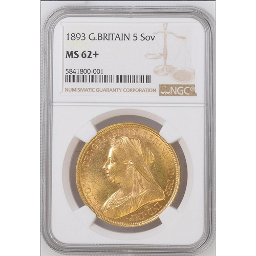 19 - UK QV 1893 gold £5 coin, slabbed by NGC graded MS62+, a rare coin in this high grade