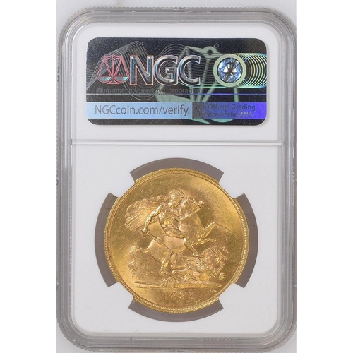 19 - UK QV 1893 gold £5 coin, slabbed by NGC graded MS62+, a rare coin in this high grade