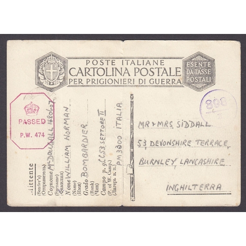 517 - 1943 Italian WW2 POW printed card to Burnley with appropriate cachets and censor marks (and charming... 