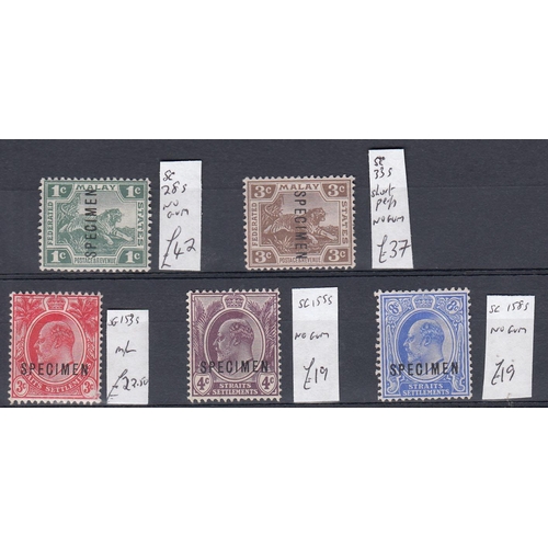 713 - Specimen stamps FMS SG28s & 33s both No Gum, the 3c with short perfs.  Straits Setts. SG 153s m/m, S... 