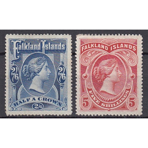 574 - 1898 2/6d deep blue and 5/- red mint, a fresh and attractive pair, SG41/2, Cat £525