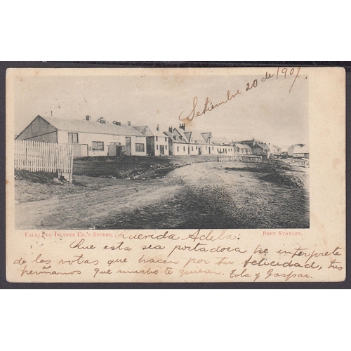 573 - 1907 Postcard of Port Stanley Co’s Stores, Argentine 2c Franking with added 4c Postage Due rate cach... 