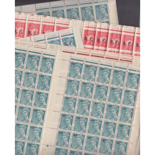 602 - A group of 11 WWII Liberation R.F. overprinted stamps in complete sheets from 40c to 1fr20, duplicat... 