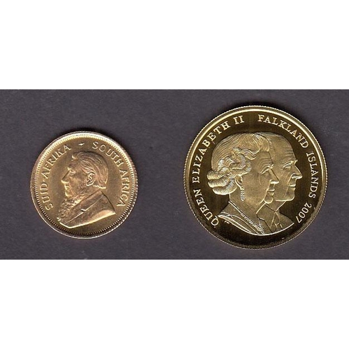 63 - 2007 Falkland Islands gold 1/5th Crown boxed and South Africa 1985 1/10th    gold Krugerrand boxed w... 