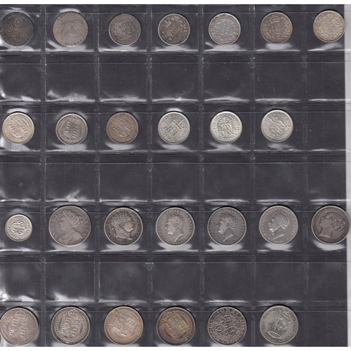 99 - A small collection on three pages of UK silver coins mainly 19th & 20th Century, noted 1825 and 1826... 