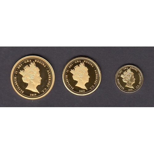 7 - 2019 Alderney gold 3-coin Sovereign set, comprising ¼, ½ & full Sovereigns, a boxed proof set minted... 