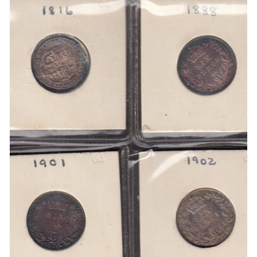 121 - A group of six UK silver 6ds from George III to EDVII, including 1816/1888/1901/1902 in high grade