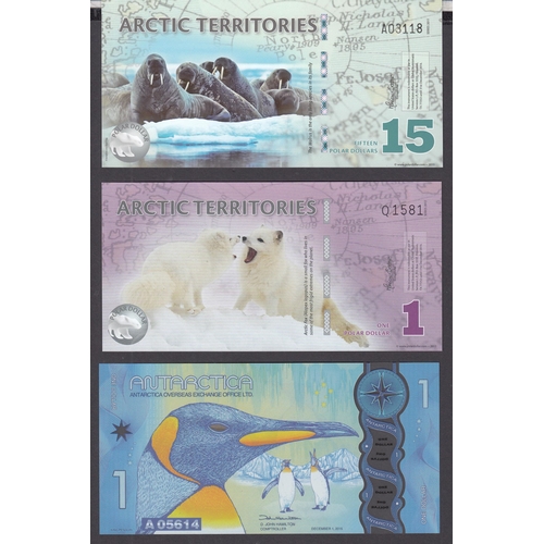 139 - Artic Territories $1 (2012) & $15 (2011) banknotes and Antarctica $1 banknote (2015), all in good co... 