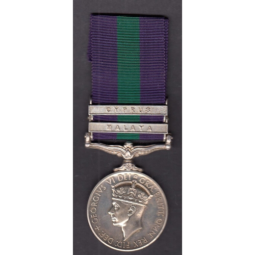 177 - UK KGVI General Service Medal with Cyprus and Malaya bars, awarded to 21182523. DVR. G. BUTLER. RASC... 