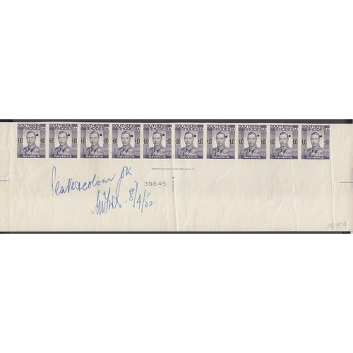 1060 - 1937 KGVI £10 deep purple Revenue in strip of 10, the lower row of the Waterlow file sheet, each sta... 