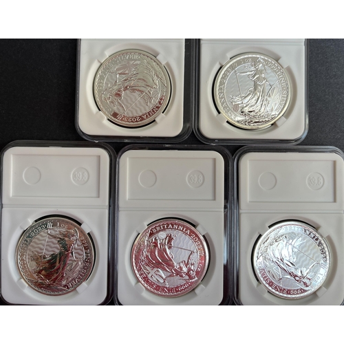 85 - UK 2023 1oz Silver Britannia x5 (QEII Portrait), Royal Mint silver Bullion coins housed in plastic s... 
