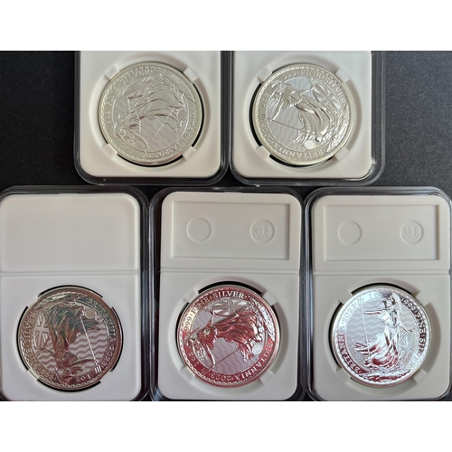 86 - UK 2023 1oz Silver Britannia x5 (QEII Portrait), Royal Mint silver Bullion coins housed in plastic s... 