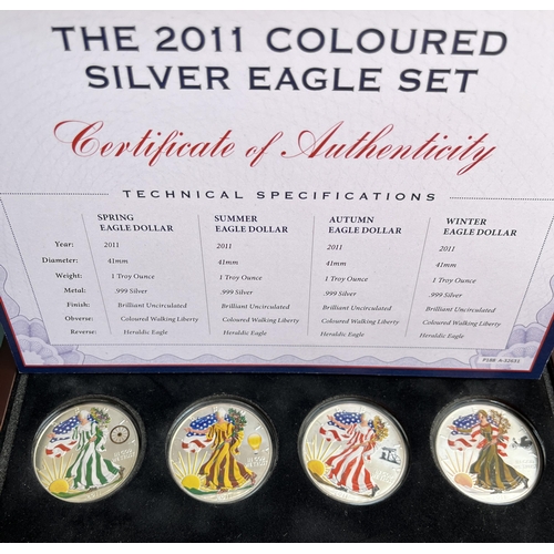 88 - USA 2016 Silver Bullion Eagle Coin Bar 5oz and x4 2011 coloured silver $1 Eagles, both boxed with Co... 
