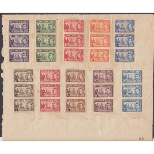 1064 - 1938 set of the 10 1938 issues each in vertical strip of 3 perforated Specimen, affixed to paper, as... 