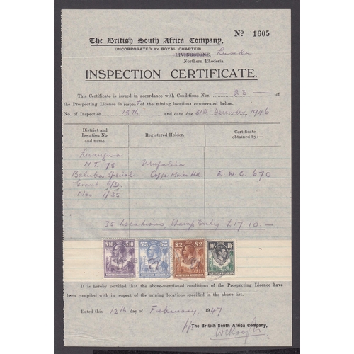 1008 - 1946 BSAC Inspection Certificate bearing KGV £2, £5 and £10 Revenue stamps (also 1938 10/-), an attr... 