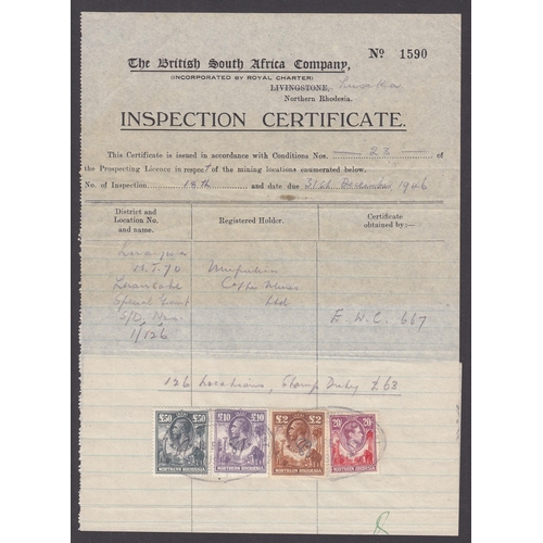 1009 - 1946 BSAC Inspection Certificate bearing KGV £2, £10 and £50 Revenue stamps (also 1938 20/-), an att... 