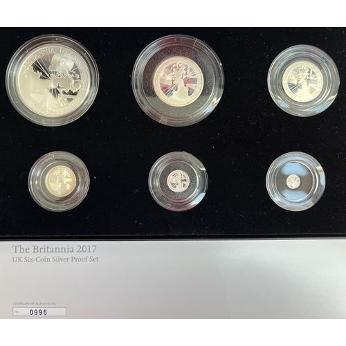 77 - UK 2017 silver Britannia six-coin silver proof set, boxed with CoA