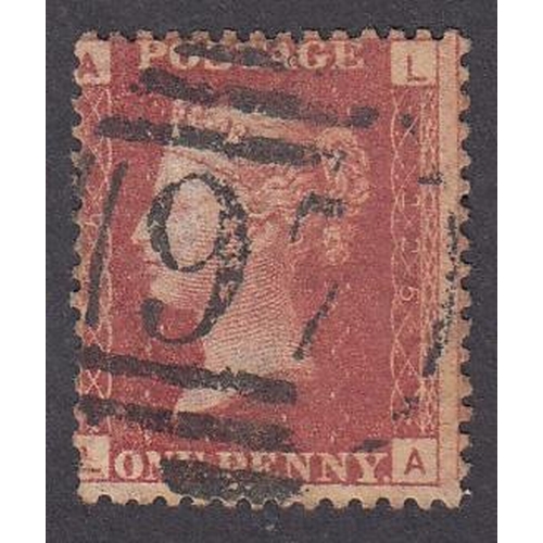 803 - 1858 1d red pl 225 ‘LA’ used, centred to left, corner crease and a trifle soiled, Cat £700