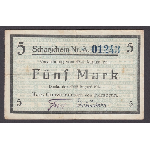 57 - 1914 German Kamerun 5 Mark banknote, a few creases and odd tone mark, scarce note